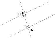 Hình vẽ hai đường thẳng bị cắt bởi cát tuyến HK với các góc H1, H2, H3, H4 và K1, K2, K3, K4