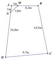 Hình vẽ mảnh đất hình tứ giác ABCD với AB = 8,2m, BC = 14,5m, CD = 9,7m, AD = 16,4m và các điểm M, N trên AB, AD sao cho AM = 1m, AN = 1m, MN = 1,6m