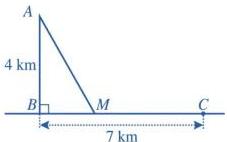 Sơ đồ tam giác vuông ABM với AB = 4 km, BC = 7 km