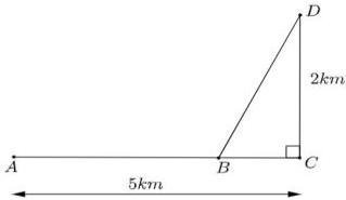 Sơ đồ đường dây điện từ A đến D qua B với AC = 5km, DC = 2km và tam giác BDC vuông tại C