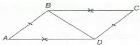 Hình vẽ tứ giác ABCD có đường chéo BD và các cặp cạnh đánh dấu bằng nhau: AB = CD, AD = BC