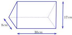 Hình vẽ cuốn lịch dạng lăng trụ đứng tam giác có chiều cao 30 cm, đáy là tam giác cân cạnh bên 17 cm và cạnh đáy 8 cm