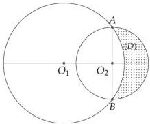 Hình vẽ hai đường tròn $(O_1;5)$ và $(O_2;3)$ cắt nhau tại $A, B$, miền $(D)$ tô chấm nằm ngoài đường tròn lớn