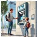 Bố và con trai đứng trước cây ATM