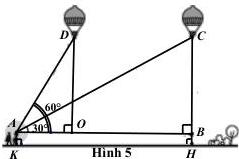 Hình 5 - sơ đồ quả bóng bay di chuyển theo đoạn DC, độ cao HC = 46,2 m, bé An tại K cao 1,2 m, tầm mắt tại A, góc nhìn 30° đến C và 60° đến D, AO = 26 m, AB vuông góc với DO và BC