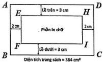 Hình chữ nhật ABCD thể hiện trang sách với lề trên 3 cm, lề dưới 3 cm, lề trái 2 cm, lề phải 2 cm và phần in chữ EFIH ở giữa, diện tích trang sách 384 cm²