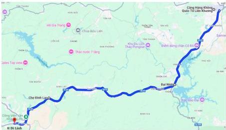 Bản đồ minh họa tuyến đường quốc lộ 20 từ sân bay Liên Khương đến thị trấn Di Linh qua Đại Ninh và chợ Đinh Lạc