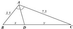 Hình vẽ tam giác ABC với AD là phân giác, AB = 3,5, AC = 7,5, BD = x, DC = y