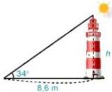 Hình vẽ toà tháp với bóng dài 8,6 m và góc nắng 34°