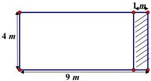 Sơ đồ khoảng sân hình chữ nhật chiều dài 9m chiều rộng 4m với phần trồng hoa kẻ sọc rộng 1m