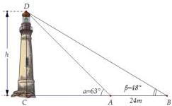 Hình vẽ tháp CD với chiều cao h, ba điểm C, A, B thẳng hàng, AB = 24m, góc CAD = 63°, góc CBD = 48°