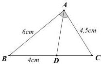 Tam giác ABC có AD là đường phân giác, AB = 6cm, AC = 4,5cm, BD = 4cm