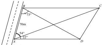 Minh họa hình thang ABCD với AD//BC, AB = 70m, các góc DAC = 22°, BAC = 54° và ABD = 73°