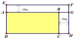 Sơ đồ khu vườn hình chữ nhật ABCD (phần tô vàng) mở rộng thêm 10m về phía trên và 10m về phía bên phải thành hình chữ nhật EFGH