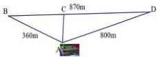 Hình vẽ tam giác ABD với điểm C trên BD, AB = 360m, AD = 800m, BD = 870m và đèn Laser tại A