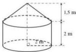 Hình vẽ chiếc lều gồm phần thân hình trụ cao 2 m bán kính đáy 2 m và phần mái hình nón cao 1,5 m