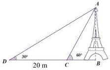 Hình minh họa tháp AB với góc nâng $60^0$ tại điểm C và $30^0$ tại điểm D, khoảng cách CD = 20 m