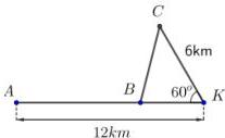 Sơ đồ bờ biển AK = 12 km, đảo C cách K 6 km, góc CKB = 60°