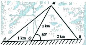 Hình vẽ minh họa vị trí tàu M và hai trạm quan sát A, B với cảng O, biết AO = 1 km, OB = 2 km, OM = x km và góc MOB = 60°