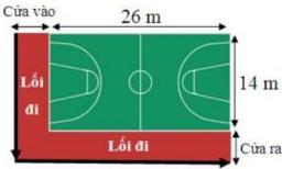sơ đồ sân bóng rổ hình chữ nhật kích thước 26 m x 14 m với lối đi và cửa vào, cửa ra