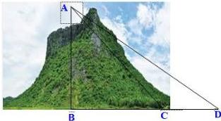 Hình vẽ minh họa ngọn núi AB với các điểm B, C, D thẳng hàng trên mặt đất