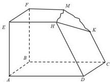 Hình vẽ khối gỗ với các đỉnh A, B, C, D, E, F, H, M, K và các mặt phẳng $(ABCD)$, $(EFMH)$