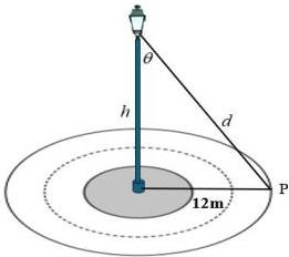 Sơ đồ cột đèn cao h, góc θ, khoảng cách d đến điểm P cách chân cột 12 m