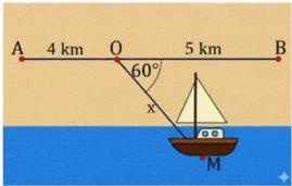 Sơ đồ bờ biển với hai đài quan sát $A$ và $B$ cách cảng $O$ lần lượt $4km$ và $5km$, tàu $M$ cách $O$ một đoạn $x$ và tạo với bờ biển góc $60^{\circ}$