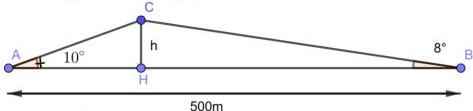 Hình minh họa con dốc với tam giác $ABC$, đường cao $CH = h$, $AB = 500m$, $\hat{A}=10^\circ$, $\hat{B}=8^\circ$