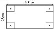 Tấm nhôm hình chữ nhật $40\text{cm} \times 25\text{cm}$ cắt bốn hình vuông cạnh $x$ ở bốn góc