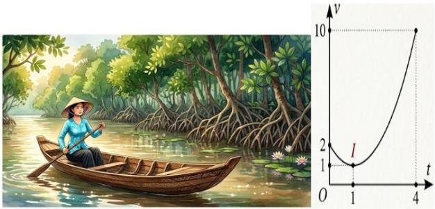 Hình minh họa chiếc xuồng trên sông và đồ thị vận tốc v theo thời gian t là một phần của parabol có đỉnh I(1;1), đi qua điểm (0;2) và (4;10)