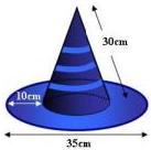 hình nón chú hề với đường sinh 30cm, vành nón rộng 10cm và đường kính đáy vành nón 35cm