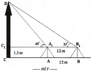Hình vẽ đo chiều cao tòa nhà CD với các điểm A, B, A1, B1, C1 và các góc 49° và 35°