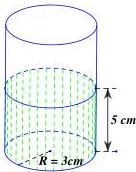 Hình 4: lọ thủy tinh hình trụ có bán kính đáy R = 3cm và mực nước ban đầu cao 5 cm