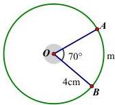 Hình tròn tâm O bán kính 4cm với góc AOB bằng 70 độ và cung AmB