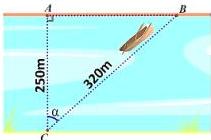 Sơ đồ khúc sông với bờ AB, đoạn AC = 250m vuông góc với AB, đoạn BC = 320m và góc lệch $\alpha$ tại C