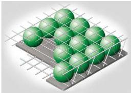 Minh họa công nghệ BubbleDeck với các quả bóng nhựa hình cầu đặt trên lưới cốt thép