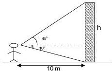 Sơ đồ người quan sát đứng cách tháp 10m, góc nhìn lên đỉnh tháp 45° và góc nhìn xuống chân tháp 10° so với phương ngang, chiều cao tháp là h