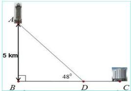 Hình minh họa tam giác ABD vuông tại B với AB = 5 km, góc ADB = 48°, điểm C trên bờ biển cách D 2,5 km