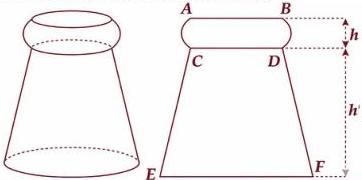 Hình minh họa bình đựng rượu và thiết diện qua trục với các kích thước AB, CD, EF, h, h'