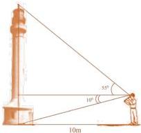 hình minh họa người quan sát tháp với góc nhìn lên đỉnh $55^\circ$ và xuống chân $10^\circ$, khoảng cách $10m$