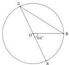 hình vẽ đường tròn tâm O với các điểm A, B, C và góc AOB bằng 64°