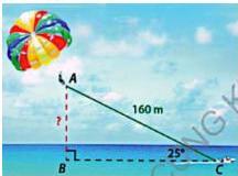 Hình vẽ ca nô dù bay minh họa tam giác vuông ABC với AC = 160m và góc ACB = 25°
