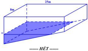 Hình vẽ bể bơi hình chữ nhật dài 25m rộng 8m với đáy nghiêng và mực nước dâng cao x