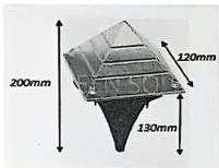 Hình minh họa kích thước đèn cắm đất với cạnh đáy 120 mm, chiều cao tổng 200 mm và phần dưới 130 mm