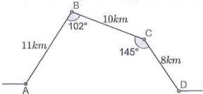 Hình vẽ mô hình đường gấp khúc A-B-C-D với AB = 11km, BC = 10km, CD = 8km và góc ABC = 102°, BCD = 145°