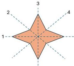 Hình ngôi sao bốn cánh với các trục đối xứng được đánh số 1, 2, 3, 4