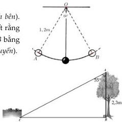 Hình minh họa con lắc di chuyển từ A đến B với OA = 1,2m và góc AOB = 60° và hình minh họa người quan sát hồ nước từ ngọn cây với AB = 2,3m và góc CAB = 55°