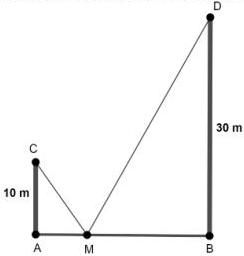Hình vẽ minh họa hai cọc AC = 10 m và BD = 30 m vuông góc với AB = 24 m, điểm M trên AB nối với C và D