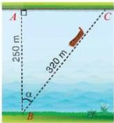 Sơ đồ khúc sông với đoạn AB = 250m vuông góc bờ và quãng đường chèo BC = 320m lệch góc α tại B
